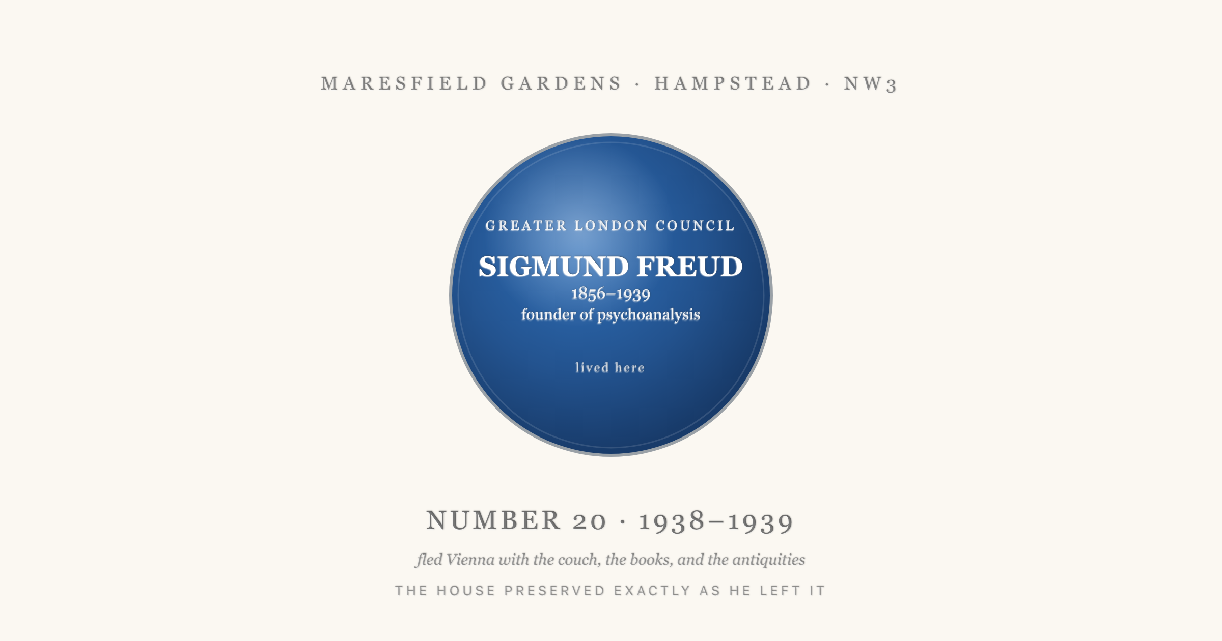 A blue plaque commemorating Sigmund Freud at 20 Maresfield Gardens, Hampstead, with the inscription "Sigmund Freud, 1856 to 1939, founder of psychoanalysis, lived here", set against a Hampstead street label and the dates of his residence