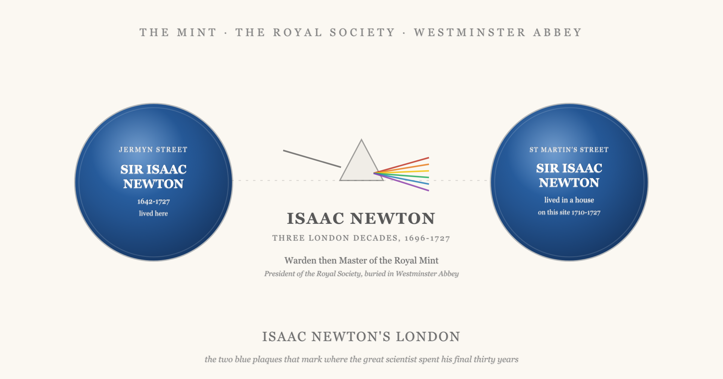 Hero illustration showing the blue plaque to Sir Isaac Newton on Jermyn Street on the left, a glass prism splitting a beam of white light into a coloured spectrum in the centre with the caption Isaac Newton's London, and the St Martin's Street plaque recording that he lived there from 1710 to 1727 on the right.